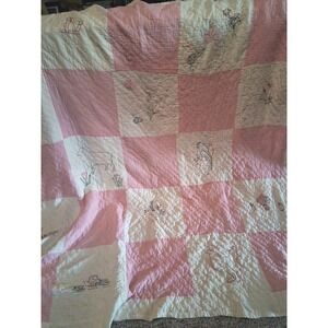 Vintage 50s Pink White Embroidered Quilt 68X70 Handmade Feminine Girly Animals